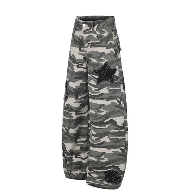 Women's Wide Camouflage Palazzo Pants with Balloon Hem and Decorative Stitch Details Mune Fashion