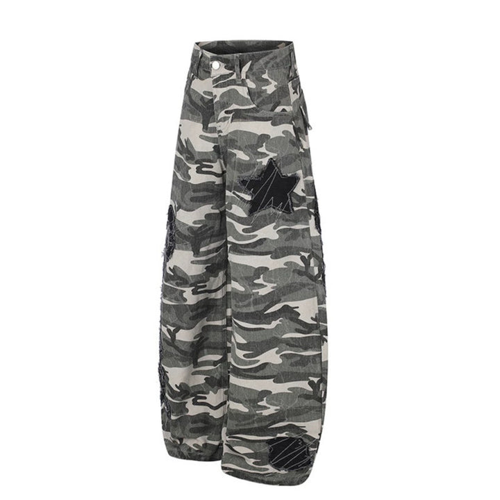Women's Wide Camouflage Palazzo Pants with Balloon Hem and Decorative Stitch Details Mune Fashion