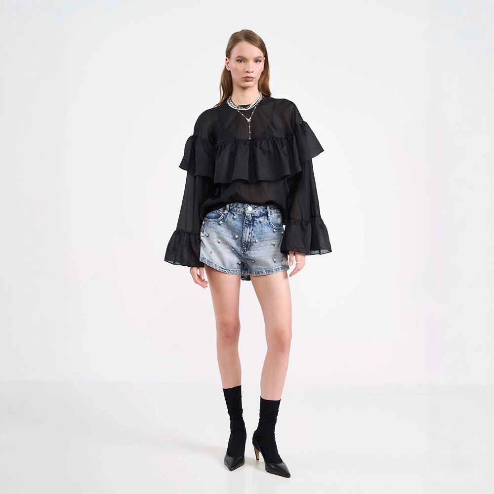 Women's Transparent Ruffle Blouse with Double Ruffle and Bell Sleeves Mune Fashion