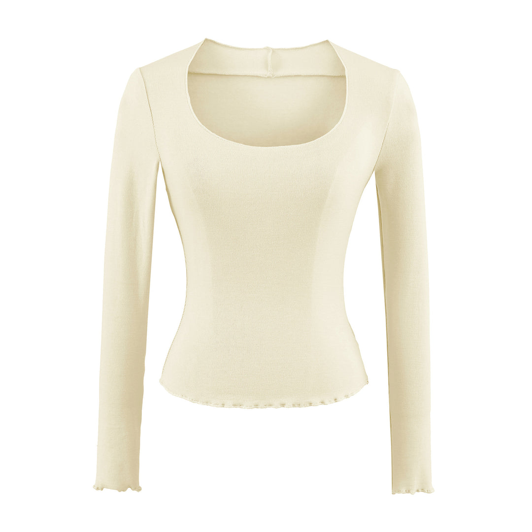 Women Fitted Long Sleeve Fine Knit Top with Square Neckline and Wave Hem Mune Fashion