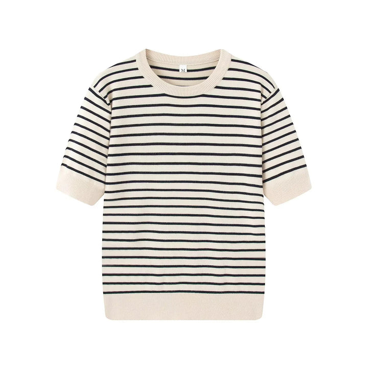 Women knitted striped fine knit cardigan with round neckline and full button placket Mune Fashion