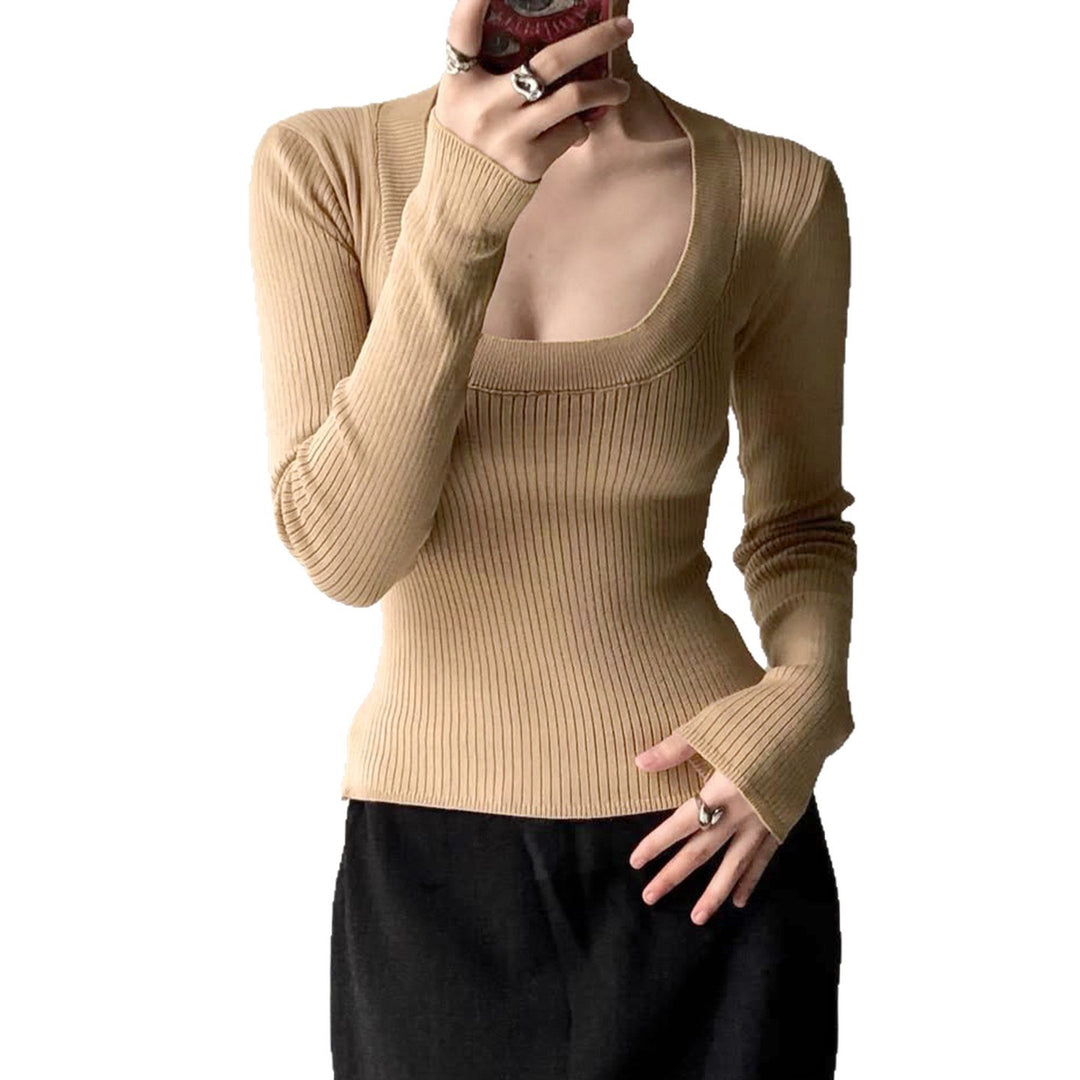 Women Fitted Ribbed Long Sleeve Shirt with Deep U-Neck Mune Fashion