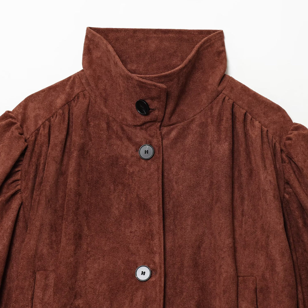 Women's short jacket made of faux suede with a stand-up collar, gathered balloon sleeves, and button placket Mune Fashion
