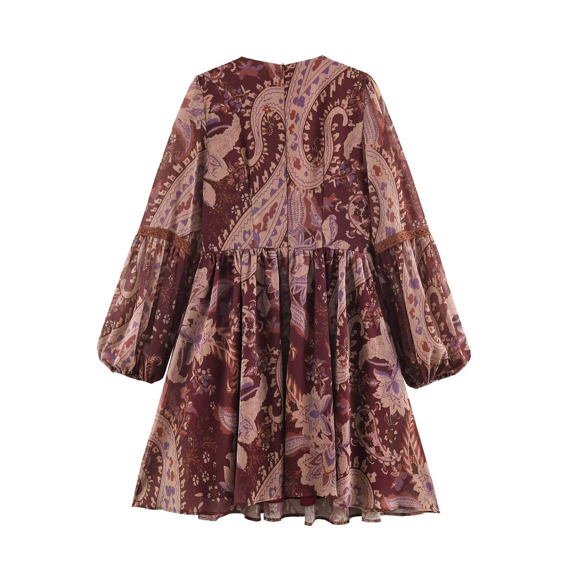 Women’s Boho Mini Dress with V-Neck, Lace Trim and Balloon Sleeves Mune Fashion