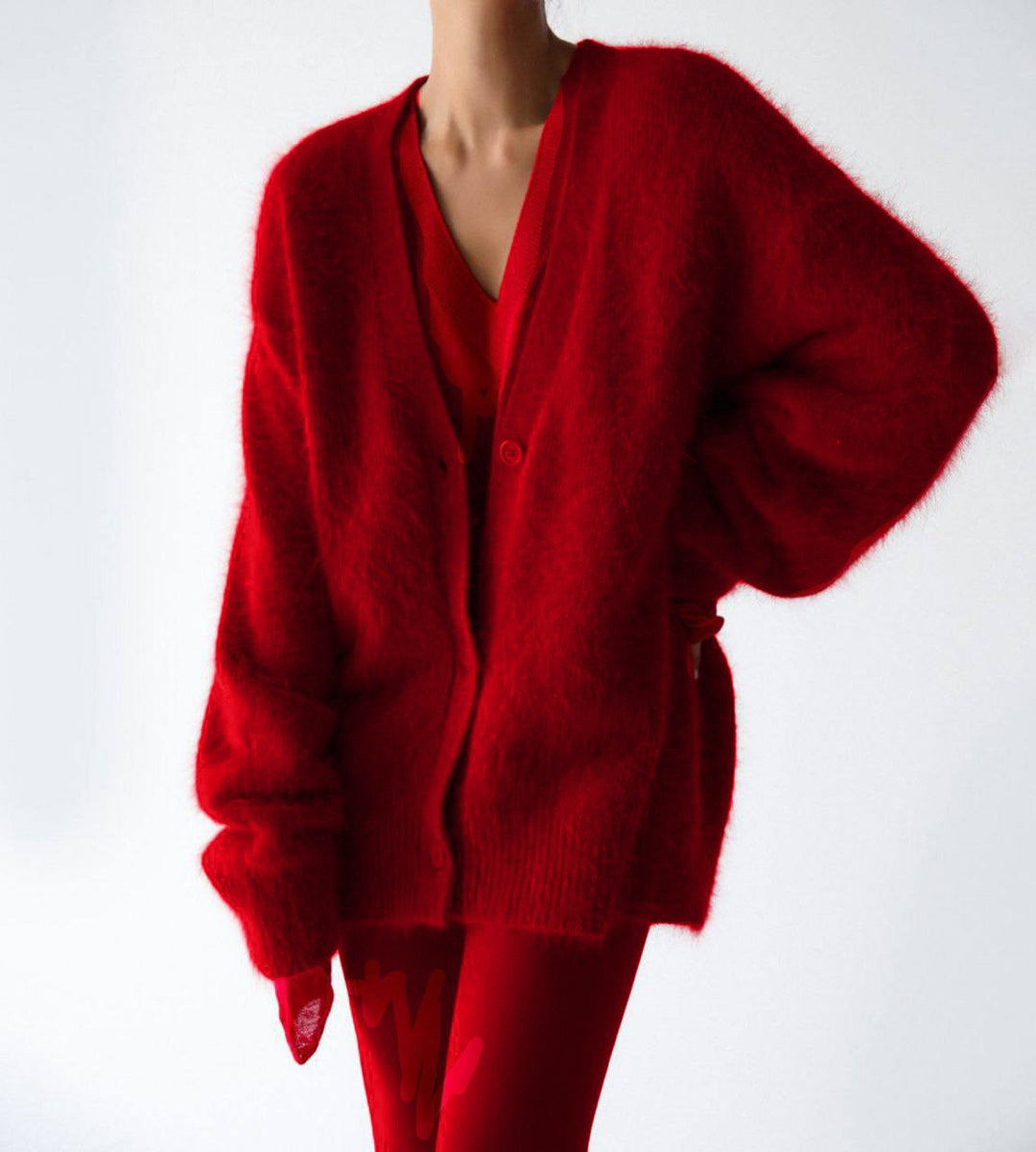 Women Fluffy Mohair-Optic Cardigan with V-Neck and Oversize Cut Mune Fashion