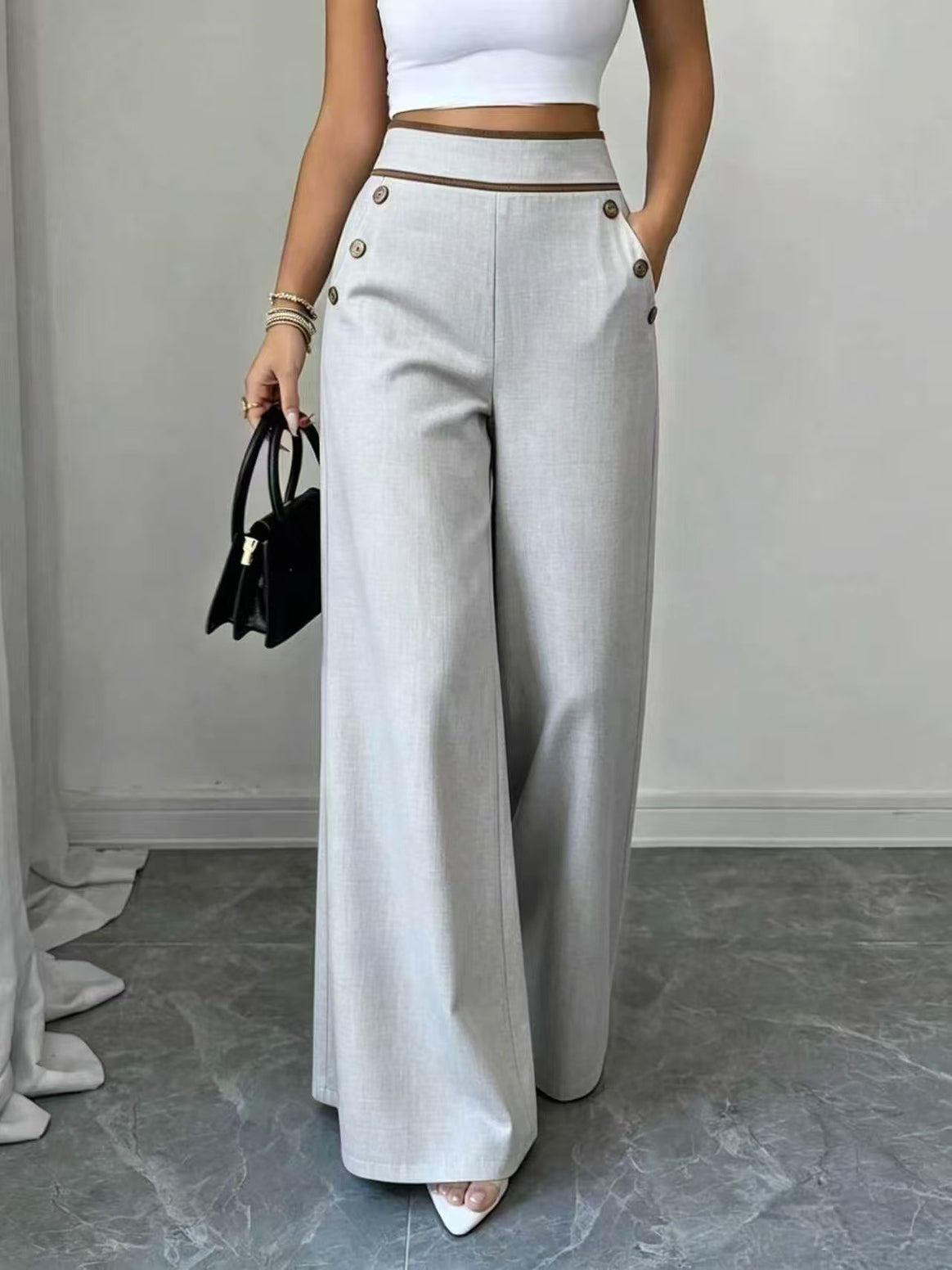 Women's High-Waisted Palazzo Pants with Decorative Buttons and Wide Legs Mune Fashion