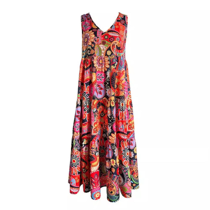 Women's layered Boho maxi dress with V-neck and gathered underbust seam Mune Fashion