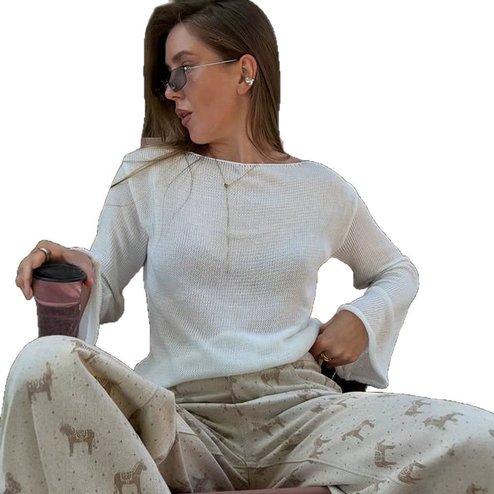 Women's chunky knit pullover with wide boat neck & extra wide trumpet sleeves Mune Fashion