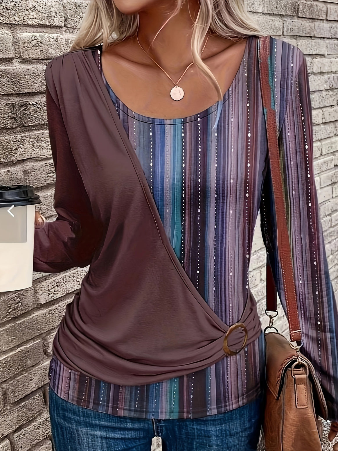 Women's Layered Look Wrap Shirt with Asymmetrical Draping and Striped Bottom Drune