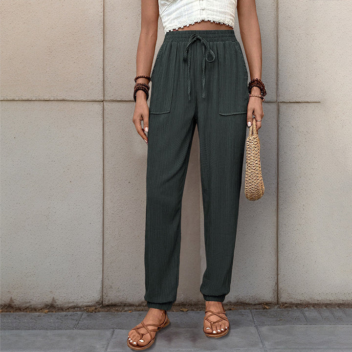 Women Loose Linen Look Jogger Pants with High Elastic Waistband, Drawstring, Patch Pockets & Elastic Cuffs Mune Fashion