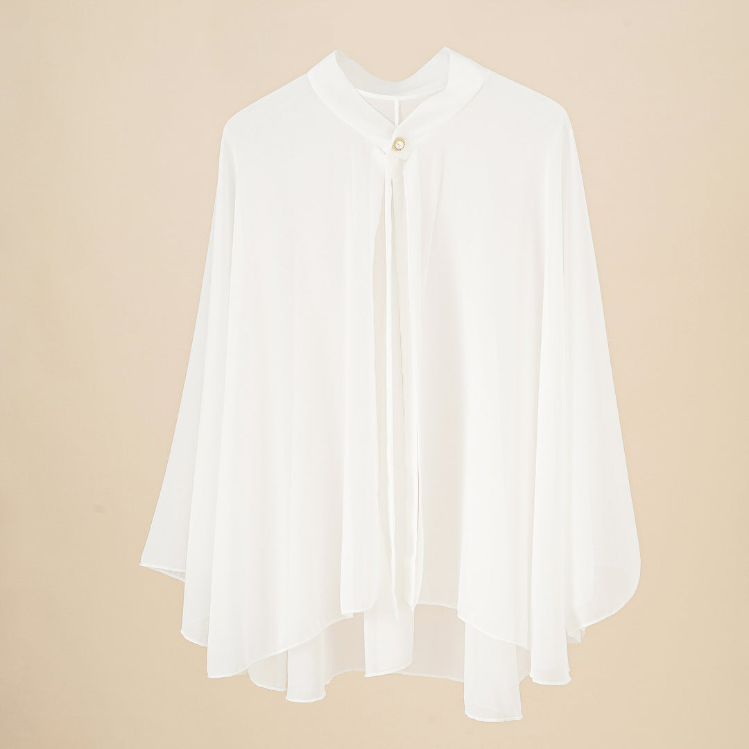 Women's Chiffon Cape with Bow Collar and Decorative Button Mune Fashion