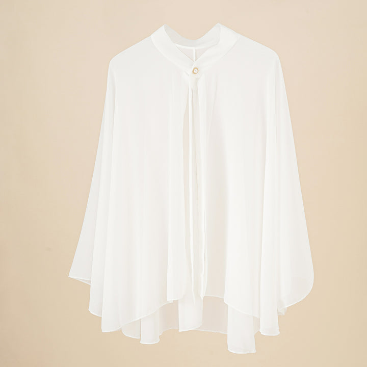 Women's Chiffon Cape with Bow Collar and Decorative Button Mune Fashion