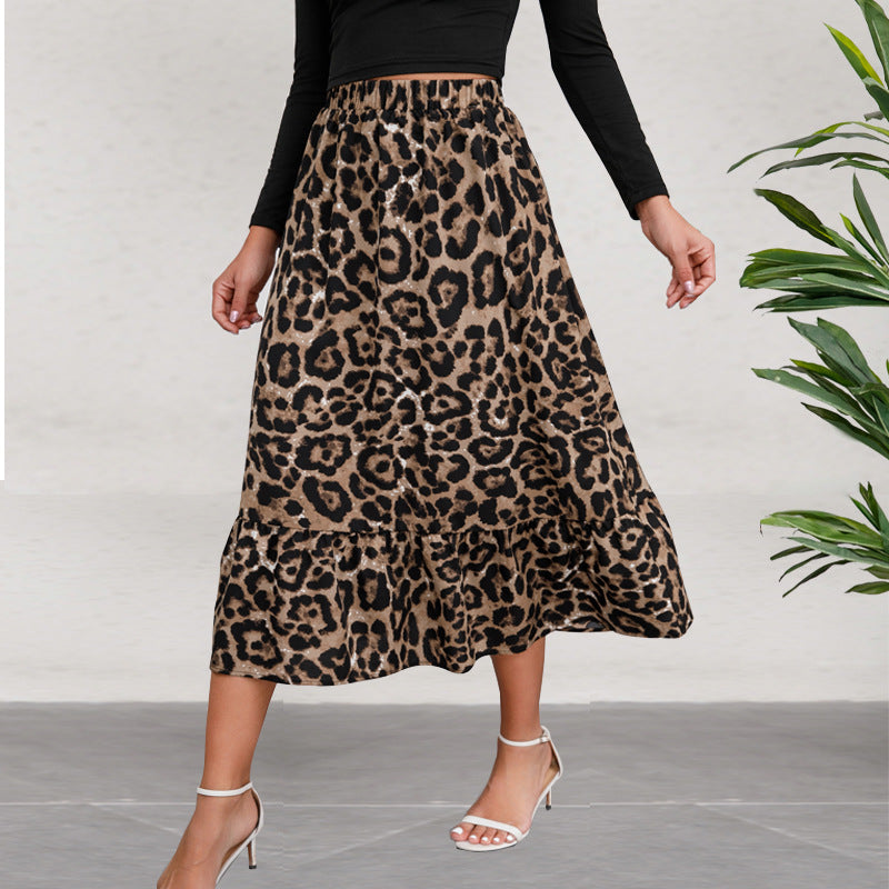 Ladies midi skirt with elastic waistband, leopard print and frill trim Mune Fashion