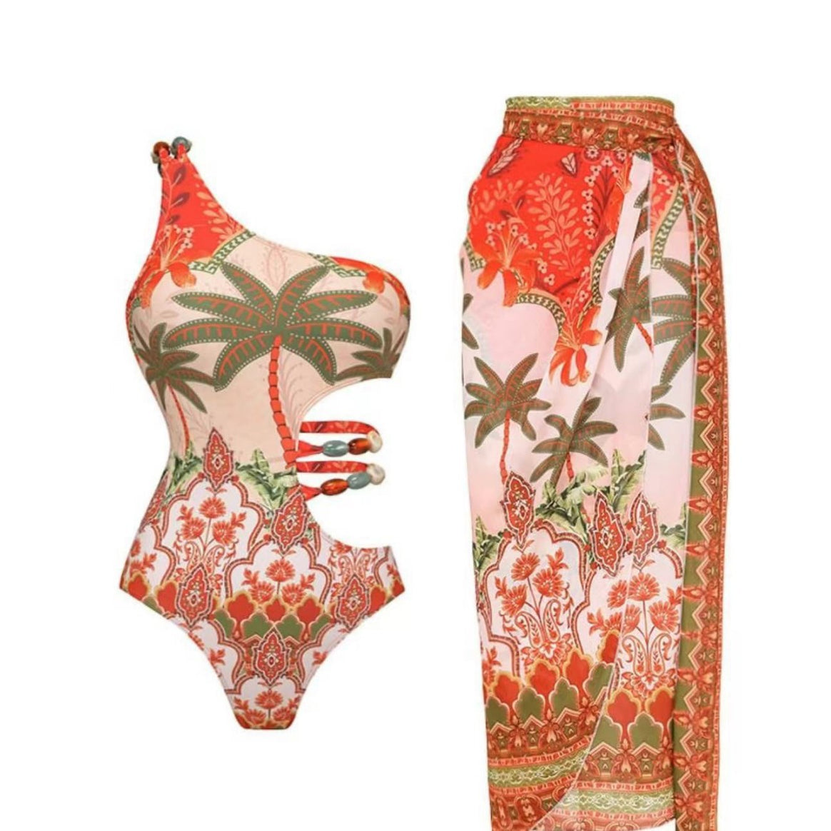 Ladies one-piece swimsuit with fashionable cut-out and matching beach skirt Mune Fashion