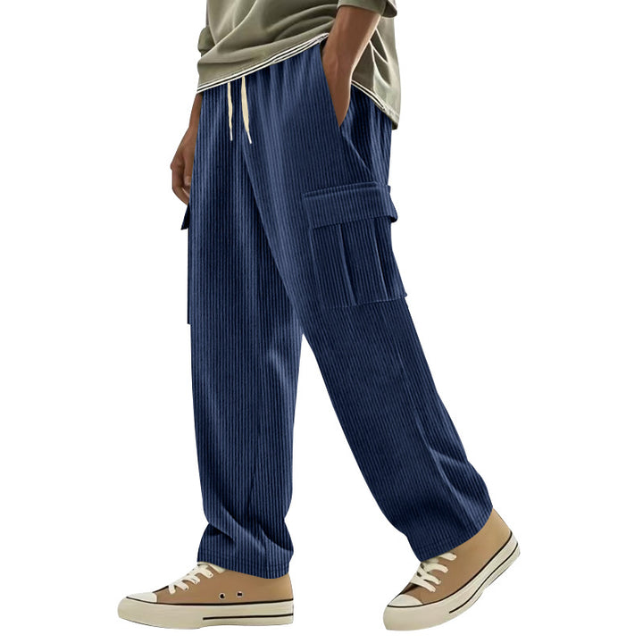 Men's corduroy cargo pants with wide leg, drawstring waistband, and patch cargo pockets