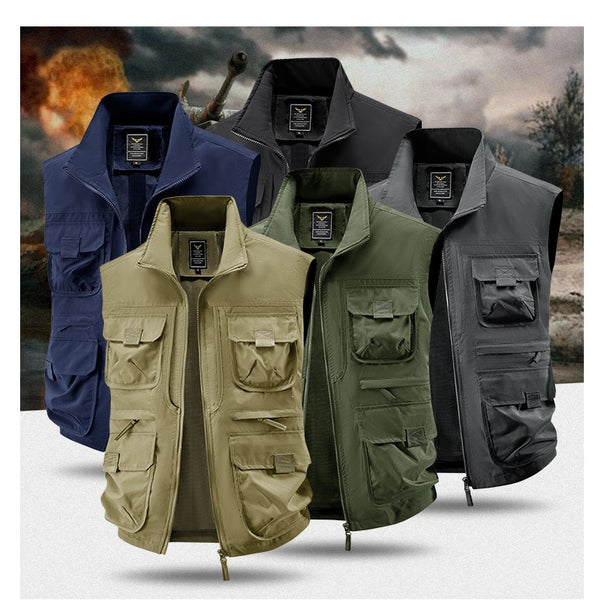 Men's Multi-pocket Utility Vest with High Collar, Zipper and Mesh Lining Mune Fashion