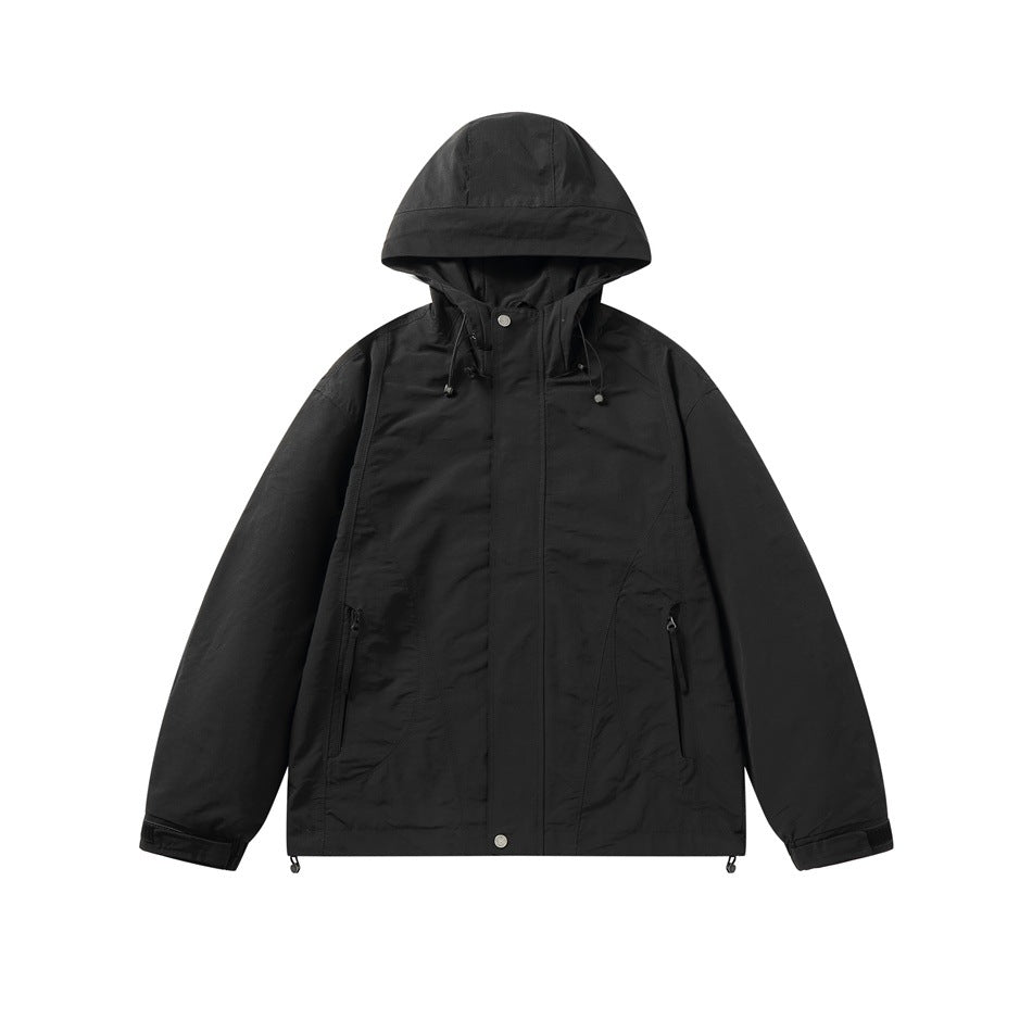 Unisex Light windproof hooded jacket in boxy cut with drawstring and concealed front Mune Fashion