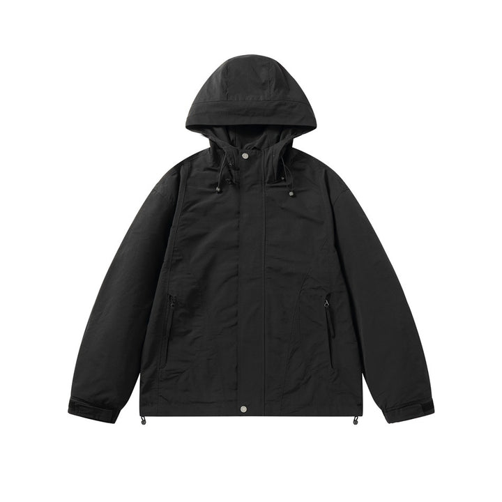 Unisex Light windproof hooded jacket in boxy cut with drawstring and concealed front Mune Fashion