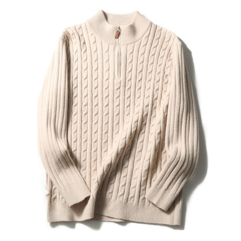 Men's fine knit pullover with cable pattern and half zip stand-up collar Mune Fashion
