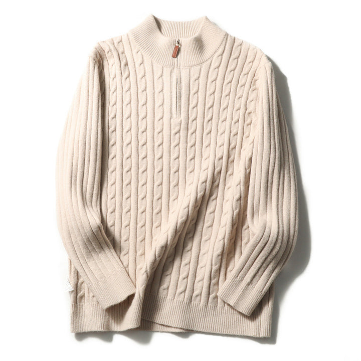 Men's fine knit pullover with cable pattern and half zip stand-up collar Mune Fashion