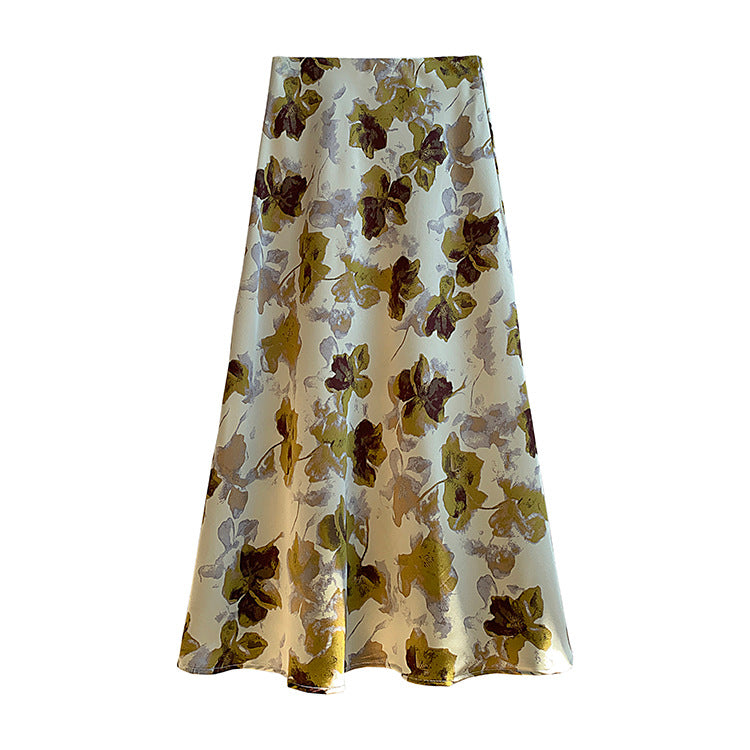 Women's flowing midi skirt with floral print and A-line silhouette in satin-like fabric Mune Fashion