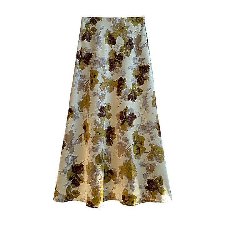 Women's flowing midi skirt with floral print and A-line silhouette in satin-like fabric Mune Fashion