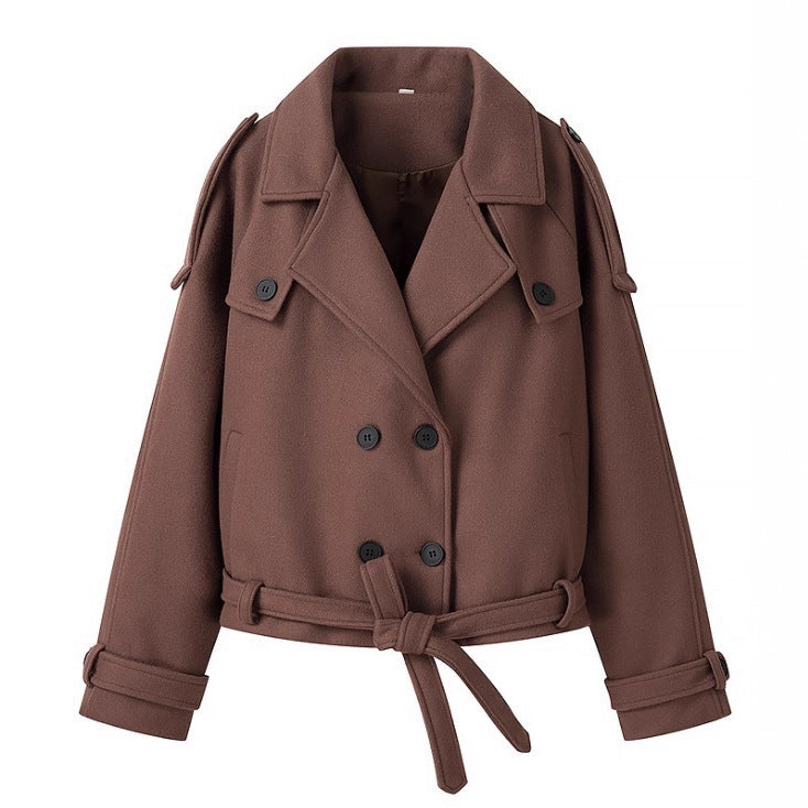 Women’s short cut double-breasted wool blend trench coat with waist belt Mune Fashion