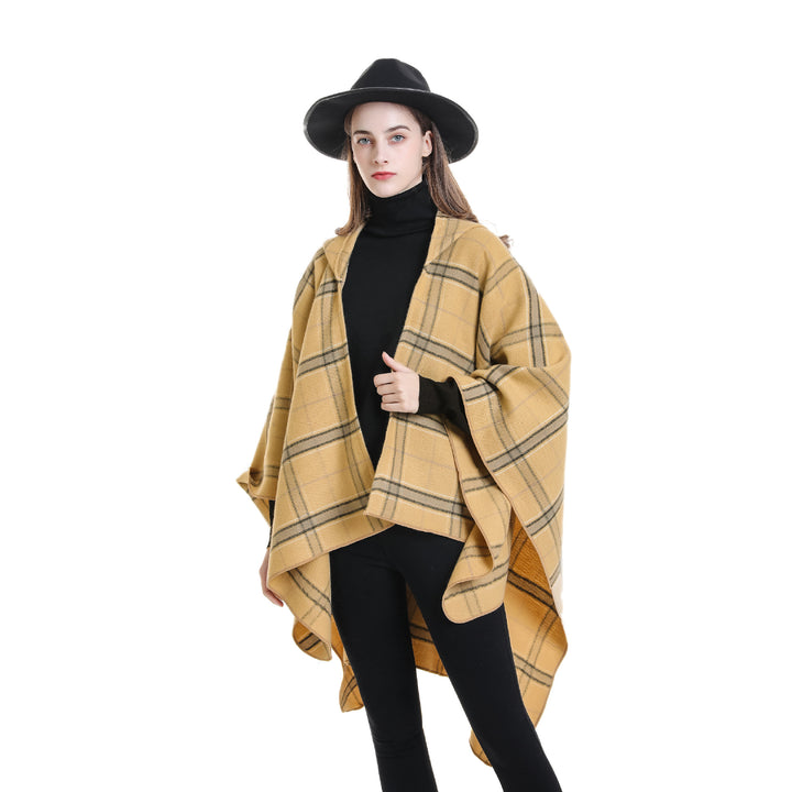 Ladies' hooded poncho with plaid pattern, softly draping wool blend and open oversized fit