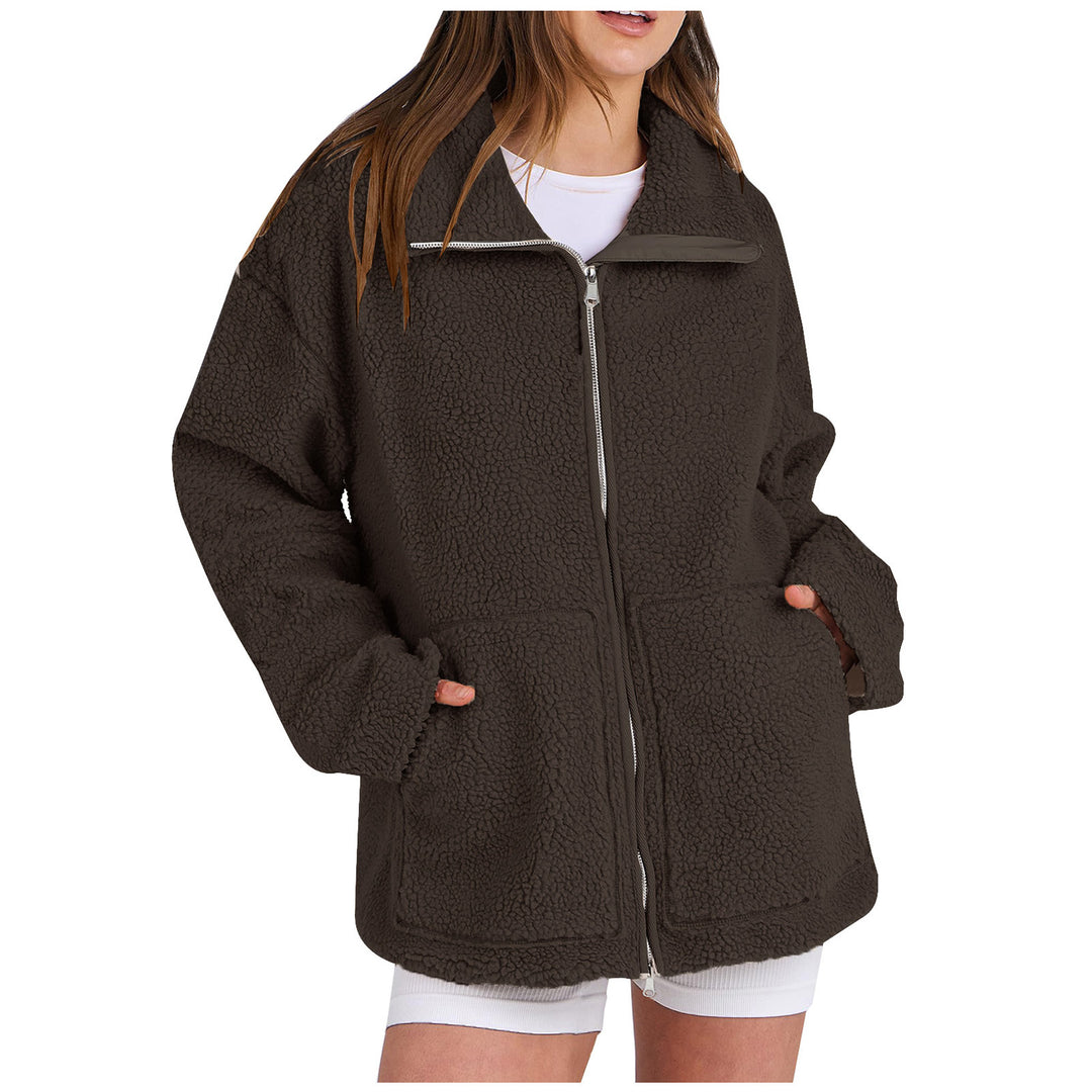 Women's oversized teddy fur jacket with stand-up collar, zipper, and patch pockets Mune Fashion