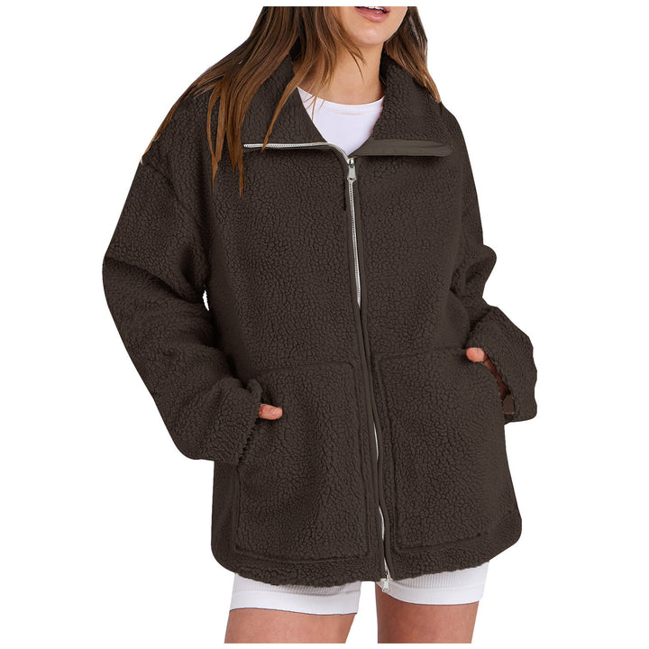 Women's oversized teddy fur jacket with stand-up collar, zipper, and patch pockets Mune Fashion