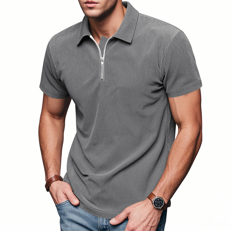 Men's short-sleeved polo with a short zipper at the collar and fine ribbed texture Mune Fashion