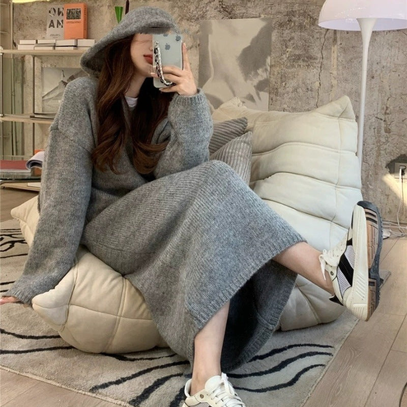 Women Long Hoodie Knit Dress Made of Wool Blend with Relaxed Oversize Silhouette and Ribbed Hem Mune Fashion