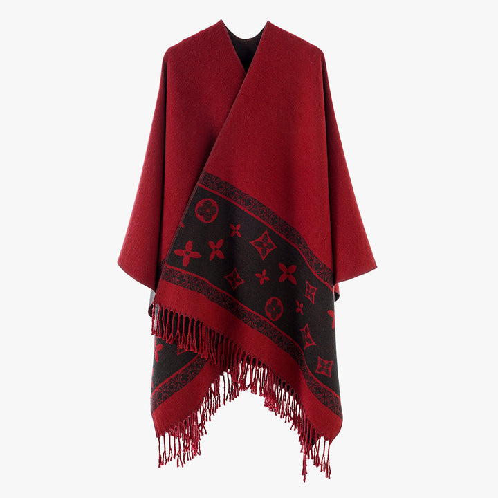 Women's Oversized Rectangular Poncho made of Wool Blend with Woven Jacquard Border and Fringed Hem Mune Fashion