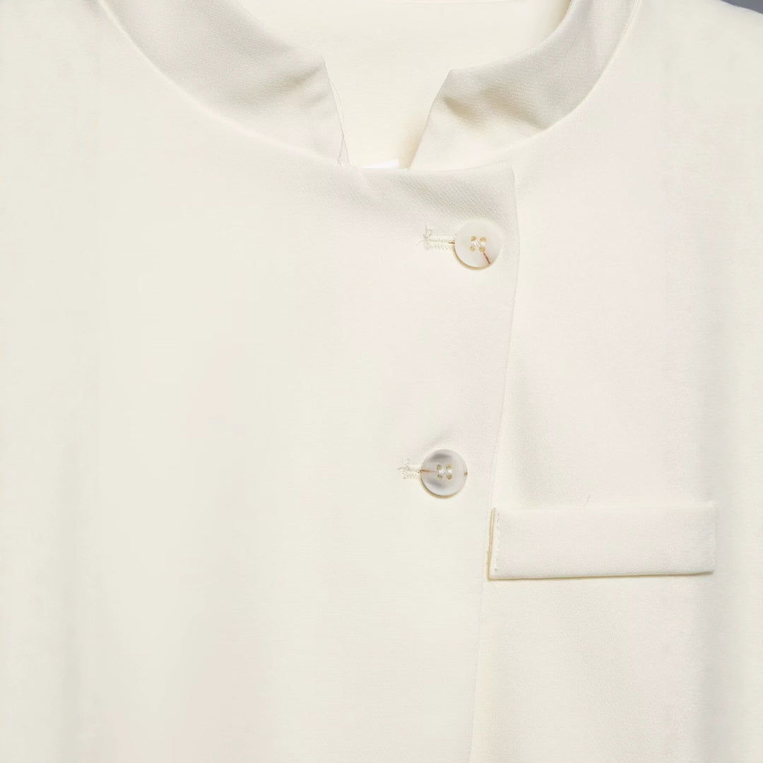 Women Short Tailored Blazer with Stand-Up Collar and Asymmetrical Button Placket Mune Fashion