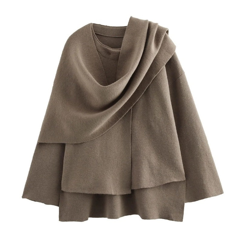 Women's Layered Poncho with Sleeves and Button Collar Mune Fashion