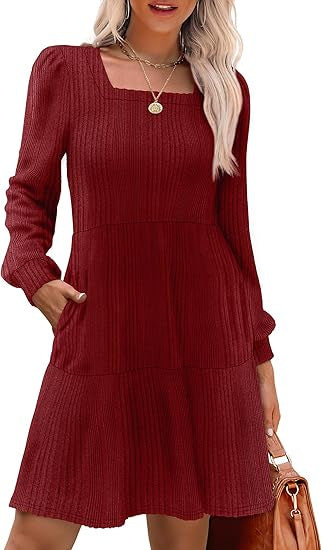 Women's Knitted A-Line Mini Dress with Square Neckline, Tiered Skirt and Pockets Drune