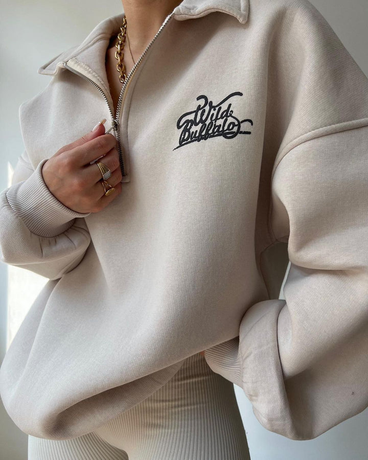 Women's Oversized Halfzip Sweatshirt with Stand Collar and Embroidered Logo Mune Fashion
