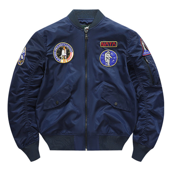 Men's  retro space-mission nylon flight jacket with insulated lining and sleeve zipper pocket Mune Fashion