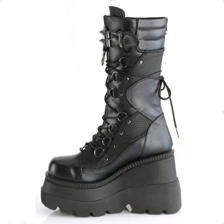 Women’s ankle-high platform biker ankle boots with lacing, decorative ring and double straps Mune Fashion