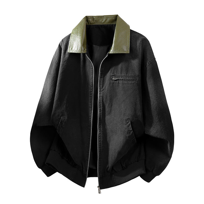 Men's Oversized Bomber Jacket with Contrast Faux Leather Collar and Ribbed Hem Mune Fashion
