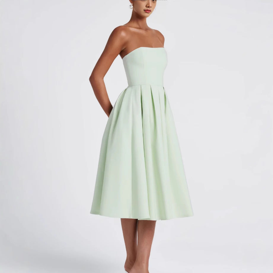 Women's Elegant Midi Dress with Flared Skirt and Stylish Bandeau Neckline Mune Fashion
