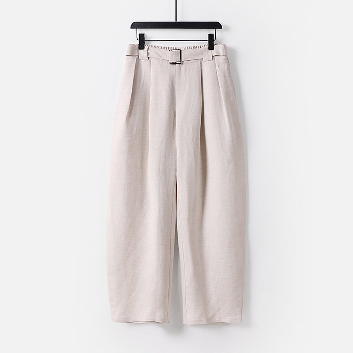 Women High-waisted wide linen blend pants with pleats and fabric belt Mune Fashion