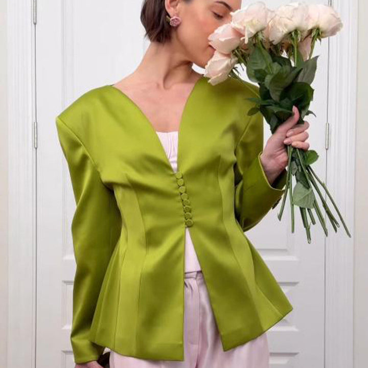 Women's Tailored Satin Blazer with Emphasized Peplum and Decorative Button Placket Mune Fashion