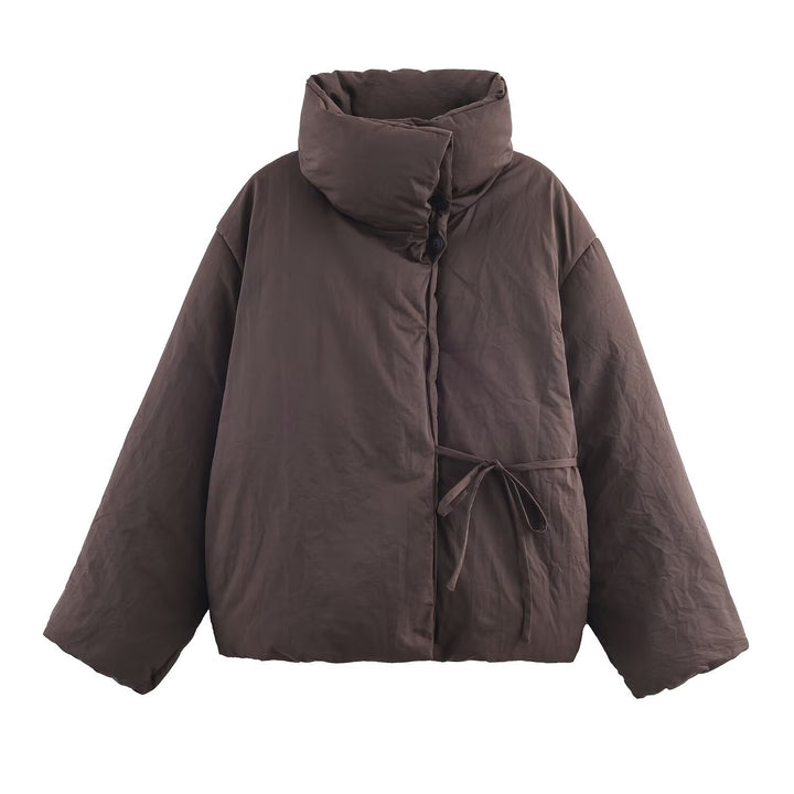Women's Oversized Quilted Jacket with High Stand Collar and Waist Belt Mune Fashion
