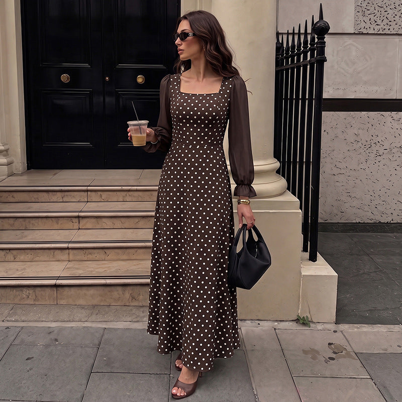 Women Elegant Maxi Dress with Dots and Transparent Sleeves Mune Fashion