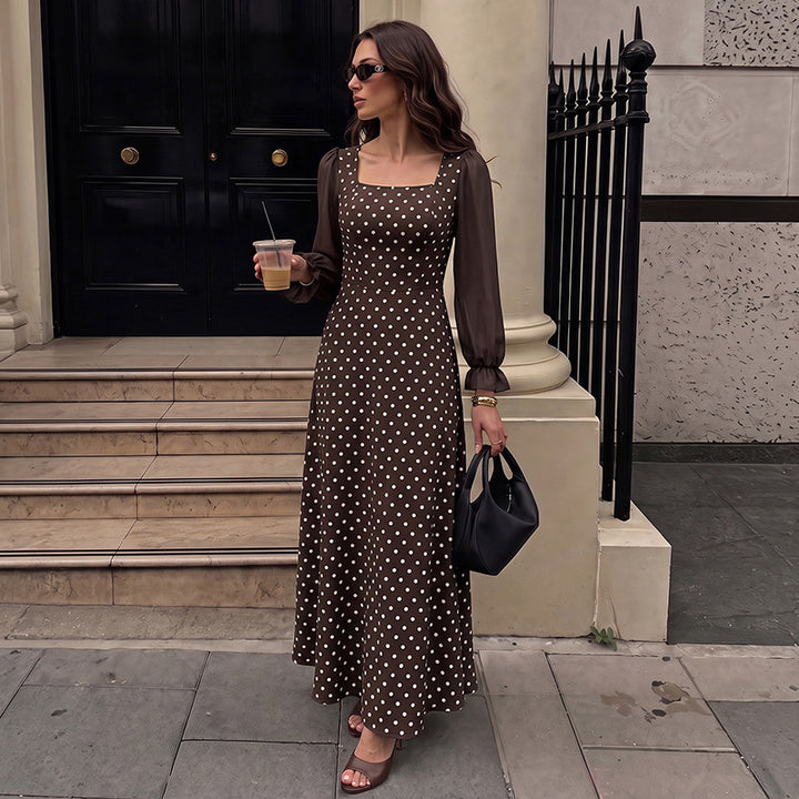 Women Elegant Maxi Dress with Dots and Transparent Sleeves Mune Fashion