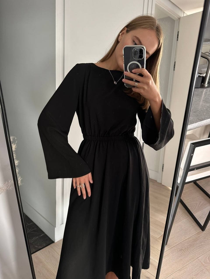 Women Flowing Midi Dress with Boat Neck Elastic Waist yoke and Flared Cuff Sleeves Mune Fashion