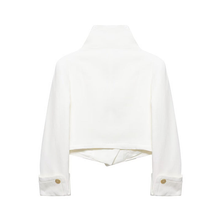 Women's Cropped Blazer with High Stand Collar, Double-Breasted Button Placket and Decorative Cuffs Mune Fashion