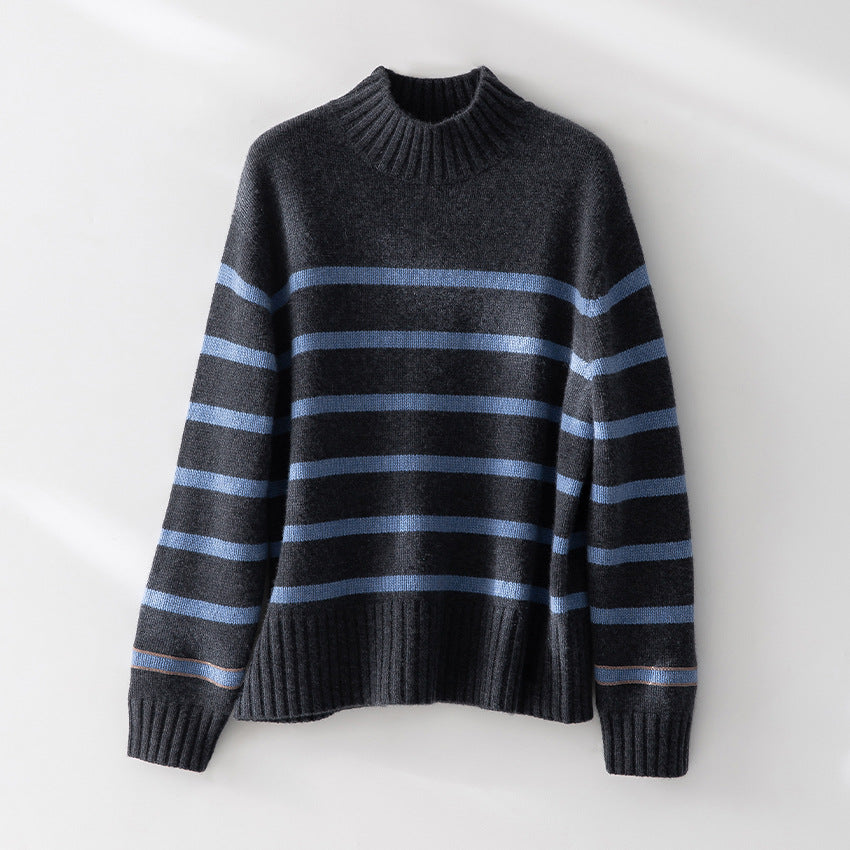 Women Striped Fine Knit Sweater with Half-High Ribbed Collar and Ribbed Hem Mune Fashion