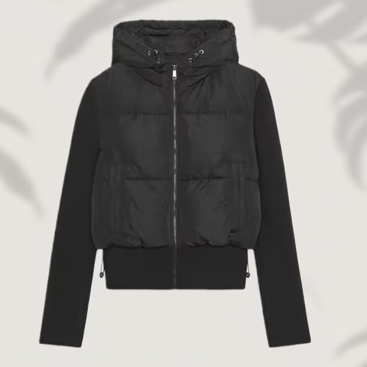 Women's short cut hybrid padded jacket with hood, ribbed cuffs and drawstring Mune Fashion